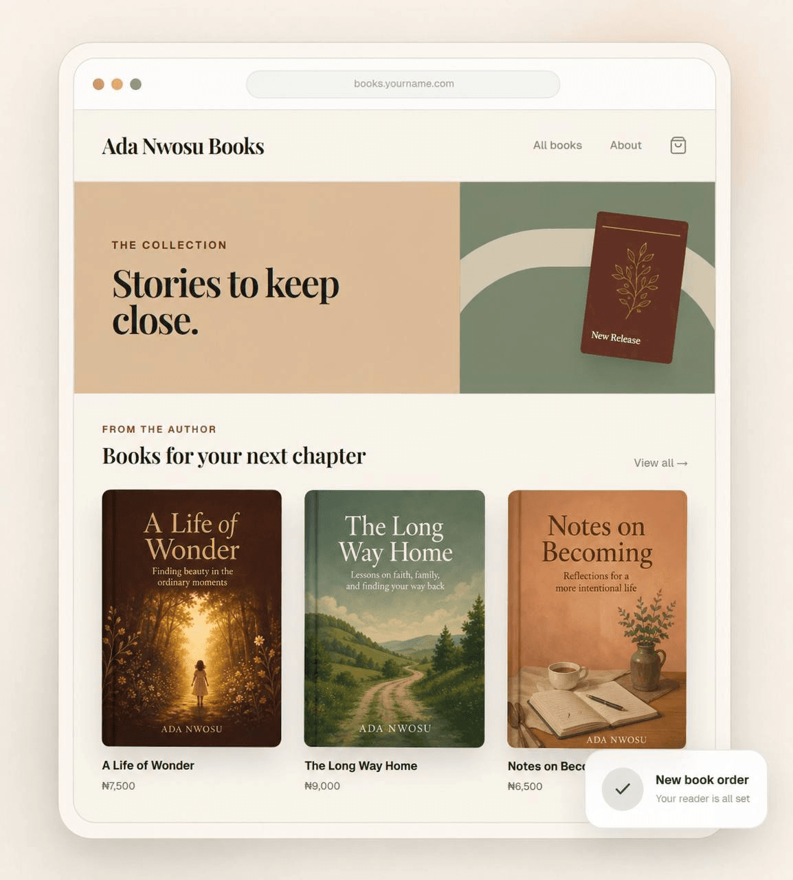 Preview of a WhitefieldHouse bookstore for Ada Nwosu, featuring three books and a new order notification